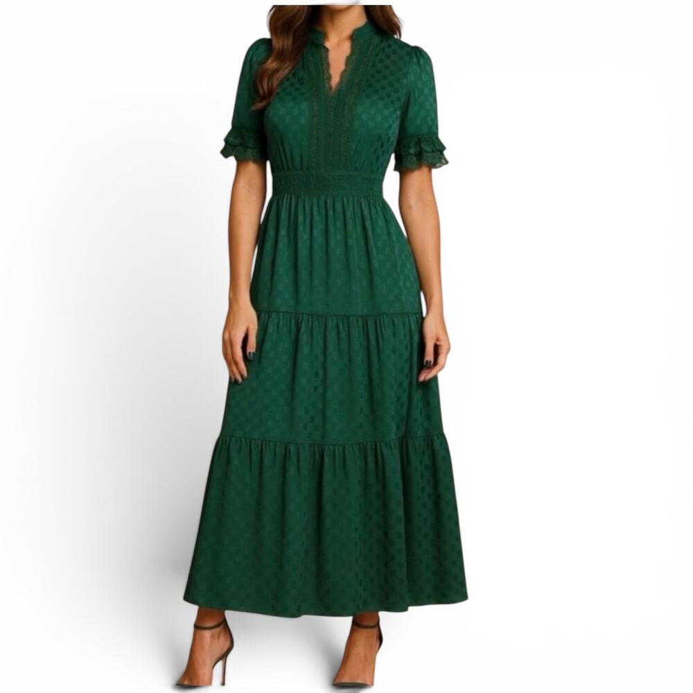 Emerald Green Victorian Style Maxi Dress Prairie Cottagecore Swiss Dot Dress M -